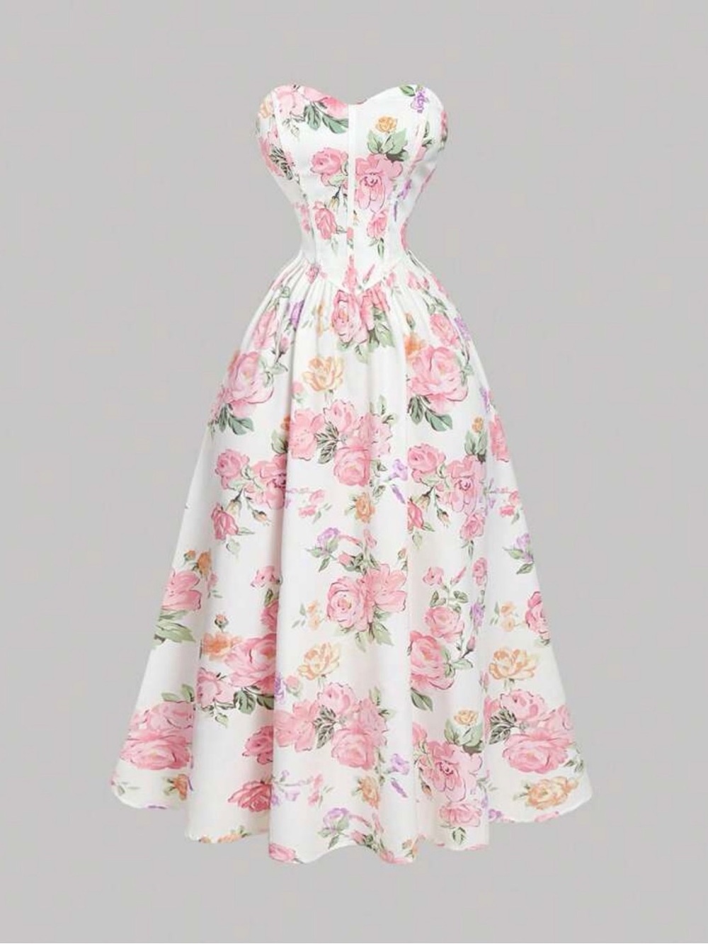 SHEIN White Strapless Midi Dress with Pink Rose Floral Print